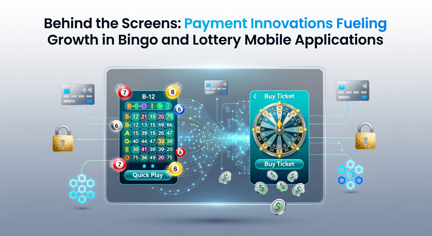 Mobile bingo and lottery apps displaying secure payment screens with digital wallet options and instant transfer icons