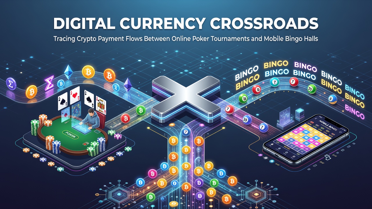 Crypto transaction flows between poker tournaments and bingo platforms visualized through digital wallet connections