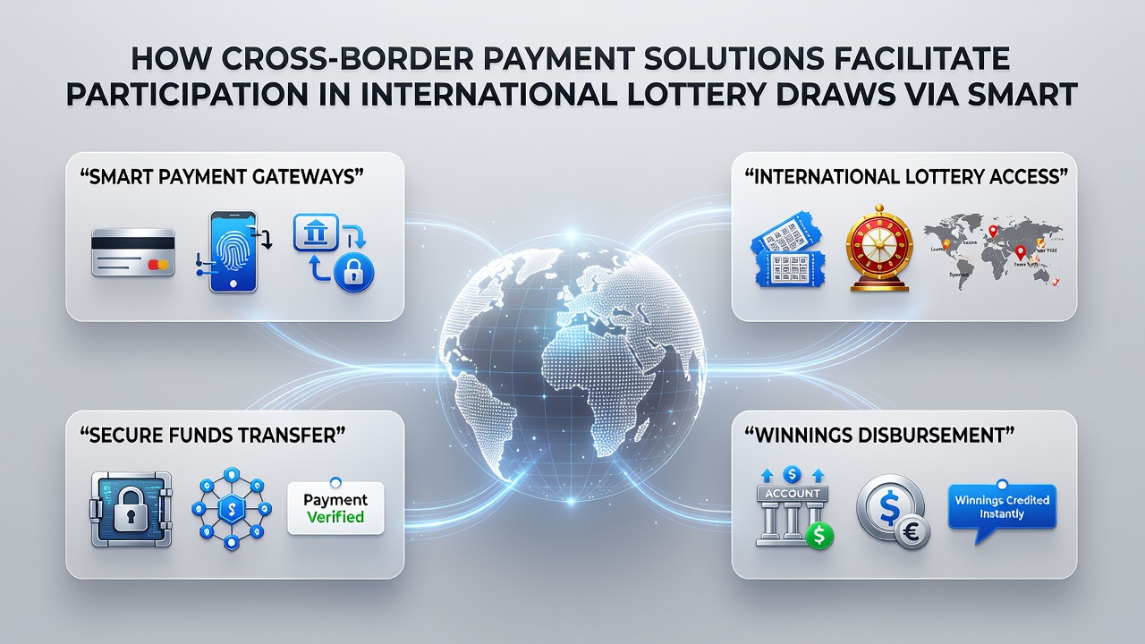 Global map overlay on smartphone showing lottery draw locations and payment routing paths
