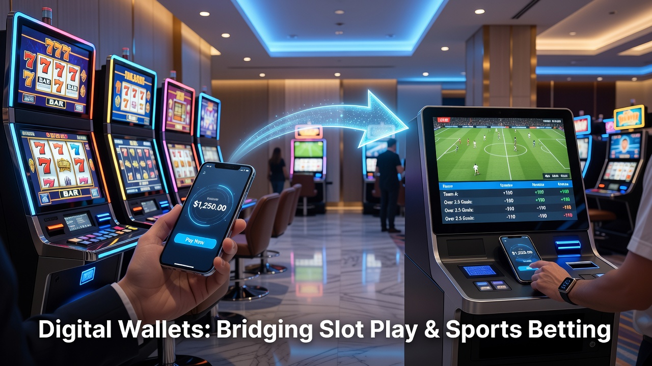 Illustration of digital wallet icons connecting slot machines and sports betting apps on mobile screens