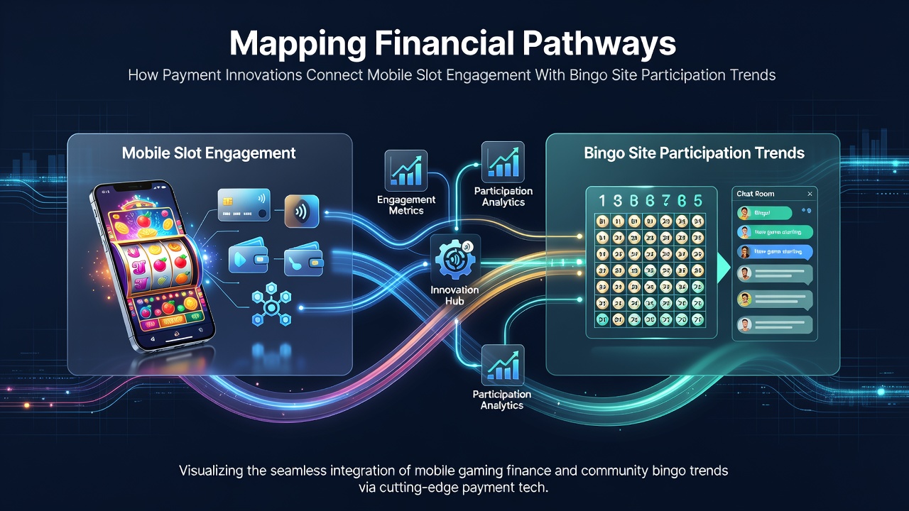 Illustration of digital payment flows linking mobile slot games to bingo platforms through secure transaction networks