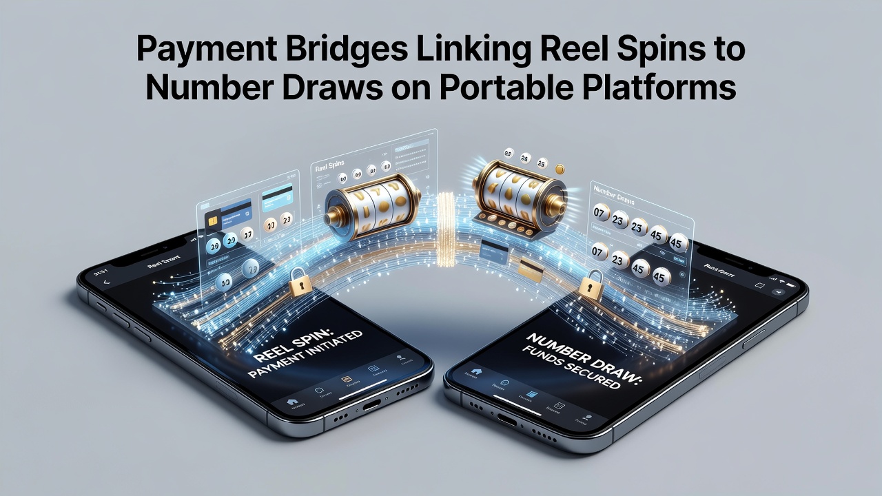 Illustration showing payment flows between mobile slot reels and lottery number draws on portable devices