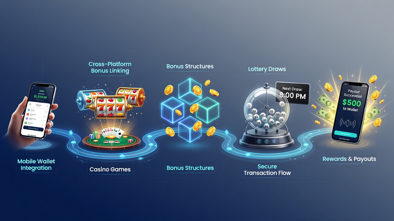 Flow diagram of player journey from casino bonus activation to lottery ticket purchase via mobile wallet
